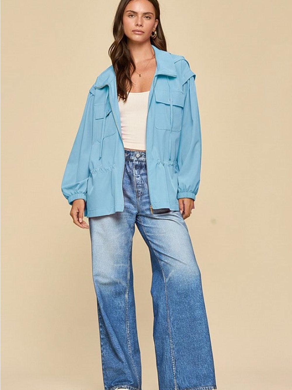 Women's Aqua Utility Jacket with Drawstring Waist NWOTS